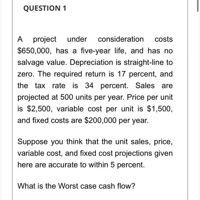  QUESTION 1 A project under consideration costs $650,000, has a five-year
