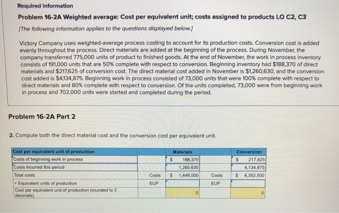  Required information Problem 16-2A Weighted average: Cost per equivalent unit; costs