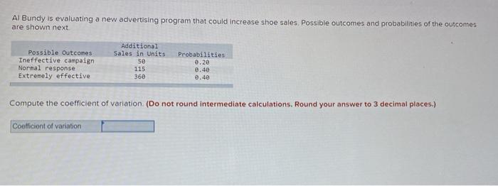  Al Bundy is evaluating a new advertising program that could increase