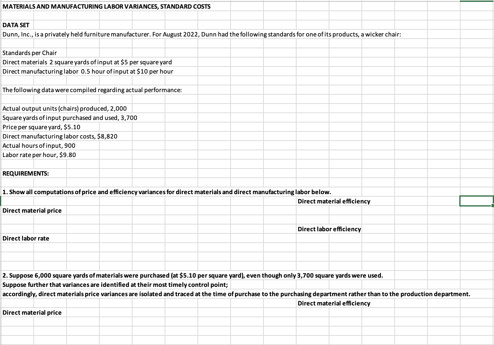 AND MANUFACTURING LABOR VARIANCES, STANDARD COSTS DATA SET Dunn, Inc., is a