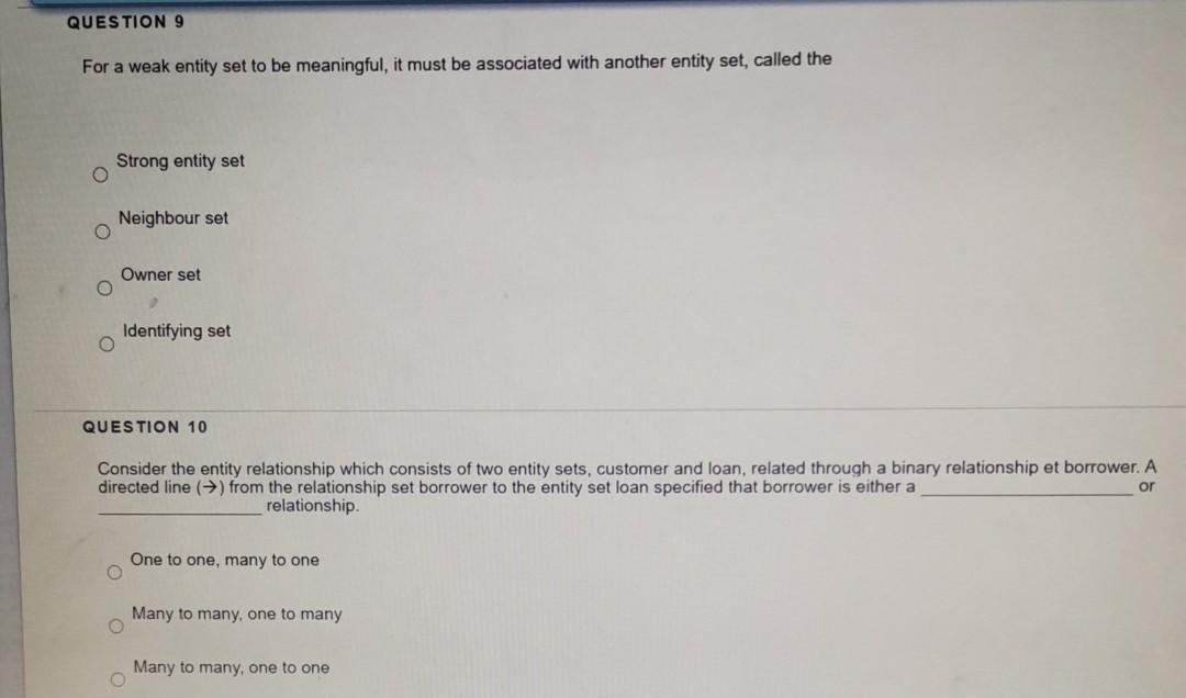 QUESTION 9 For a weak entity set to be meaningful, it