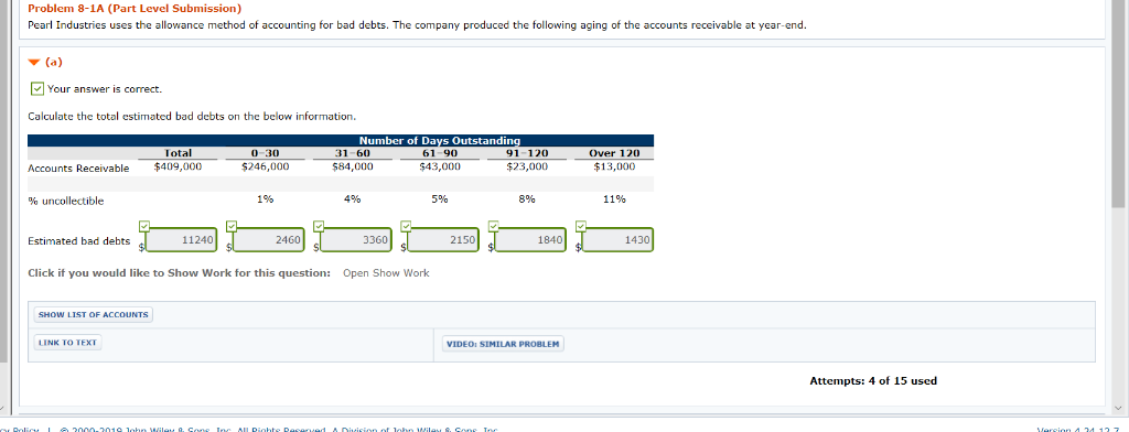 Problem 8-1A (Part Level Submission) Pearl Industries uses the allowance method