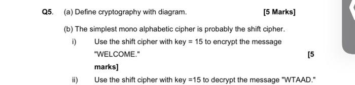  Q5. (a) Define cryptography with diagram. [5 Marks] (b) The simplest