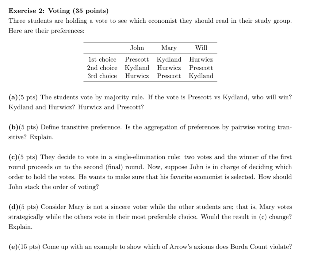  Exercise 2: Voting (35 points) Three students are holding a vote