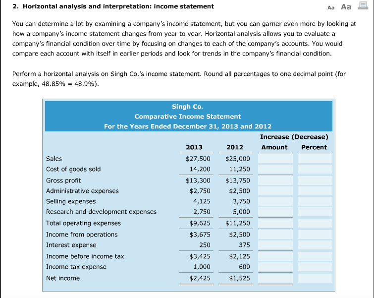 Aa Aa E. 2. Horizontal analysis and interpretation income statement You