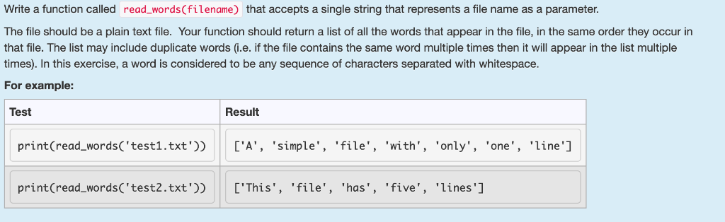  Write codes with Python Idle Write a function called read_words(filename) that