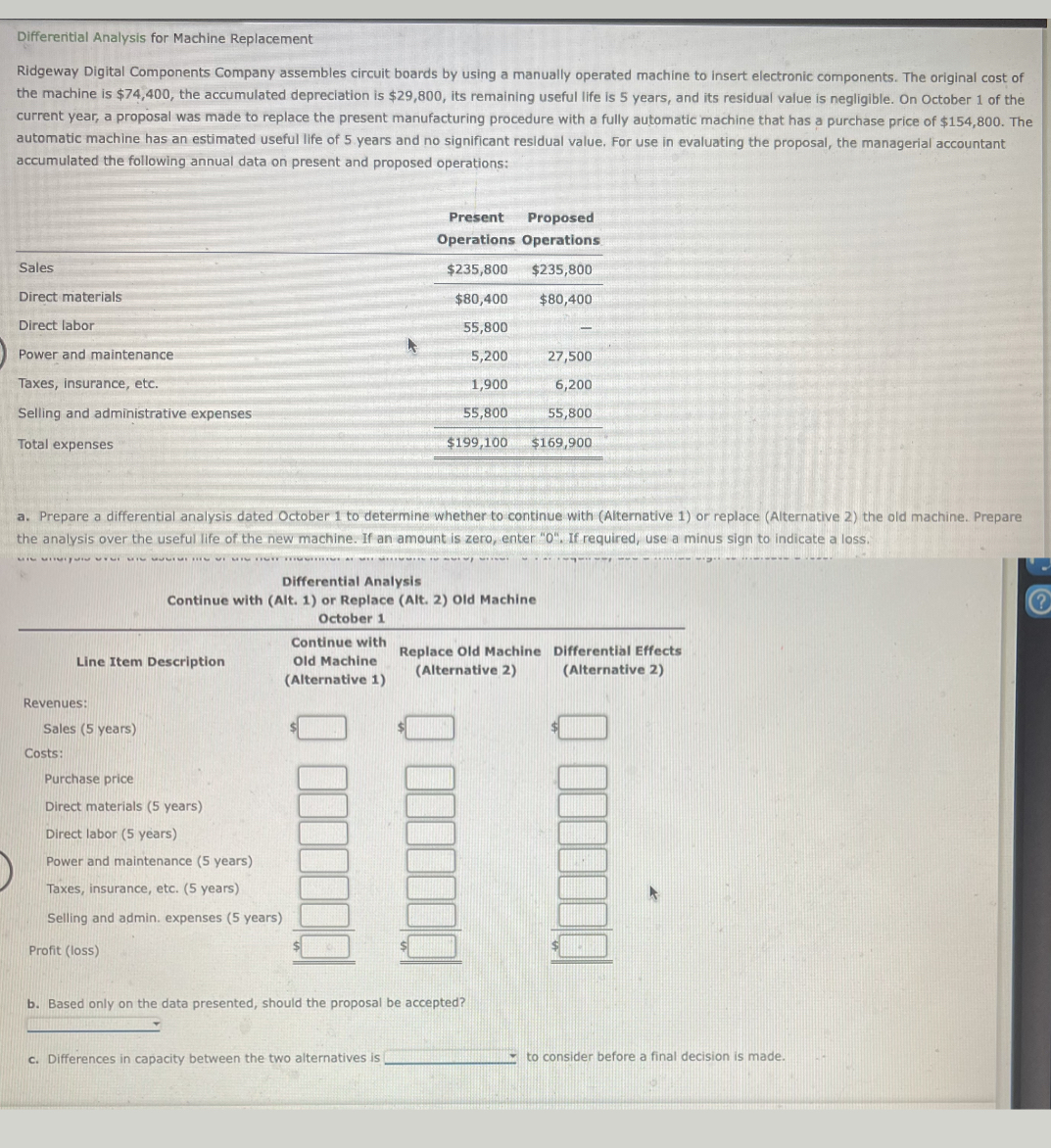  Differeritial Analysis for Machine Replacement Ridgeway Digital Components Company assembles circuit