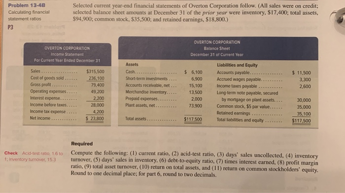  Problem 13-43 Calculating financial statement ratios Selected current year-end financial statements