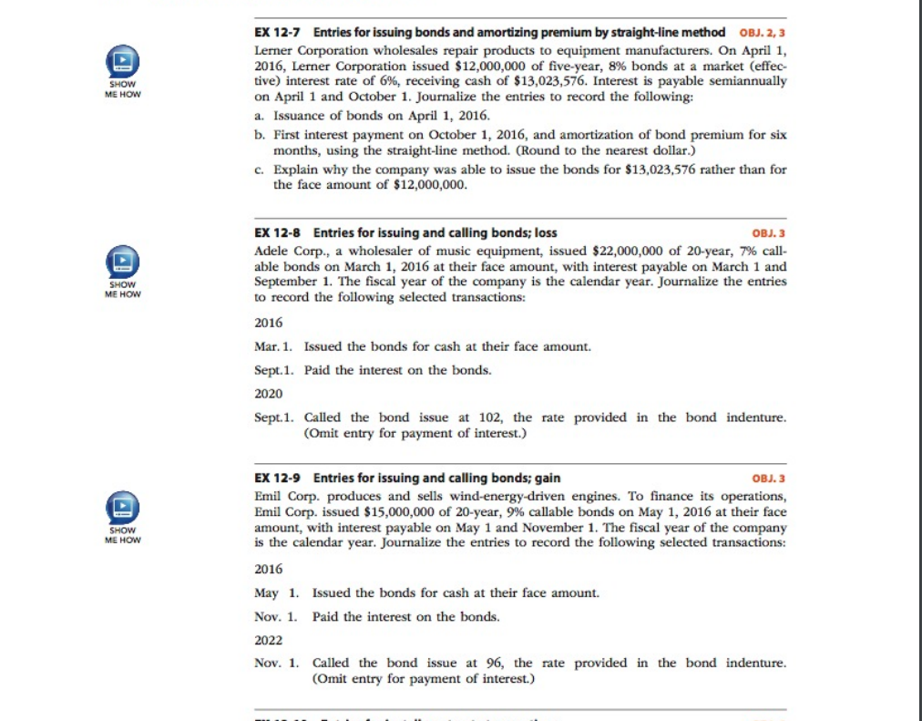 Bonds and Notes Exercises EX 12-1 Effect of financing on earnings per