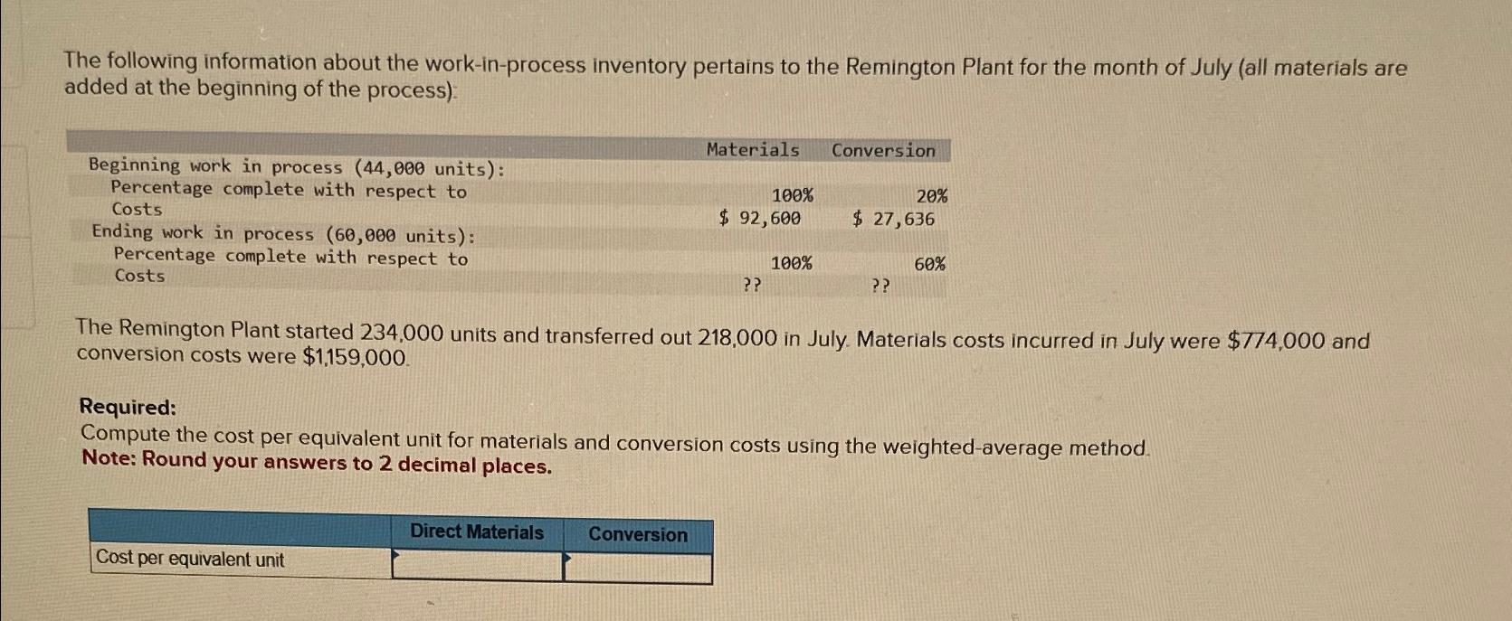 The following information about the work-in-process inventory pertains to the Remington