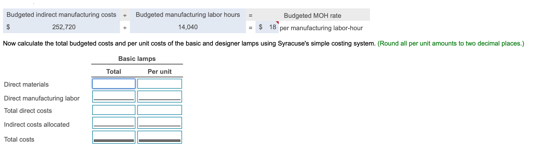 $ 10 13 0.4 hours 0.6 hours Direct manufacturing labor per lamp
