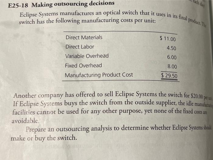 attempting Exercise E25-19. E25-19 Making outsourcing decisions Learning Objective 4 Refer to