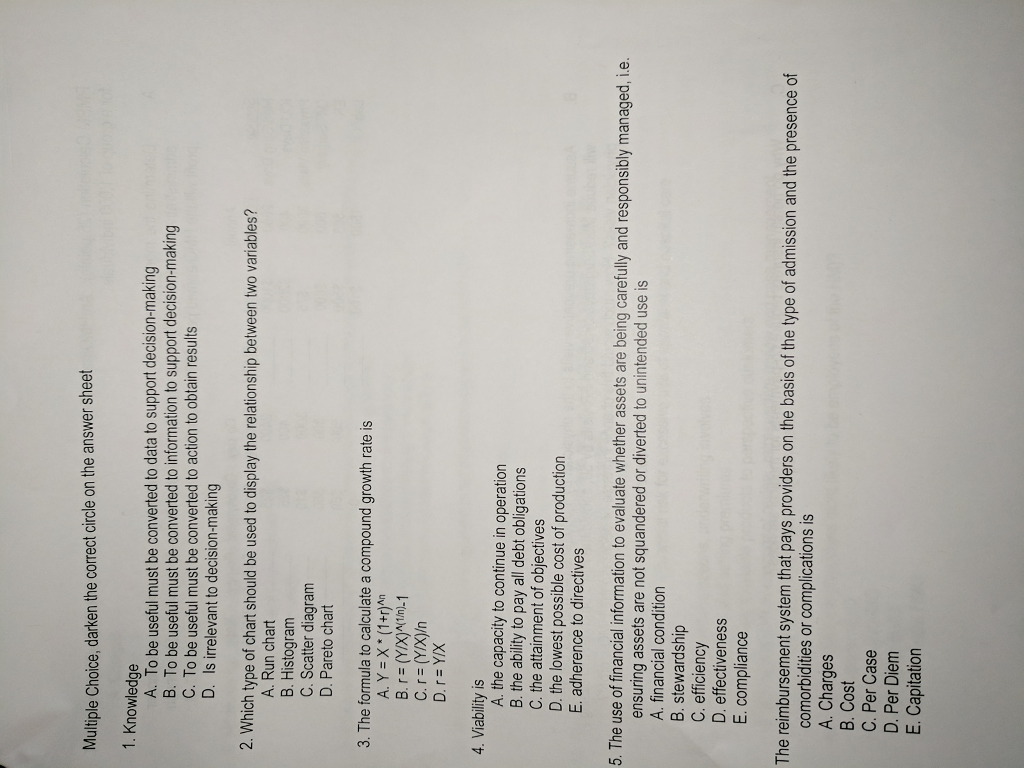  Multiple Choice, darken the correct circle on the answer sheet 1.