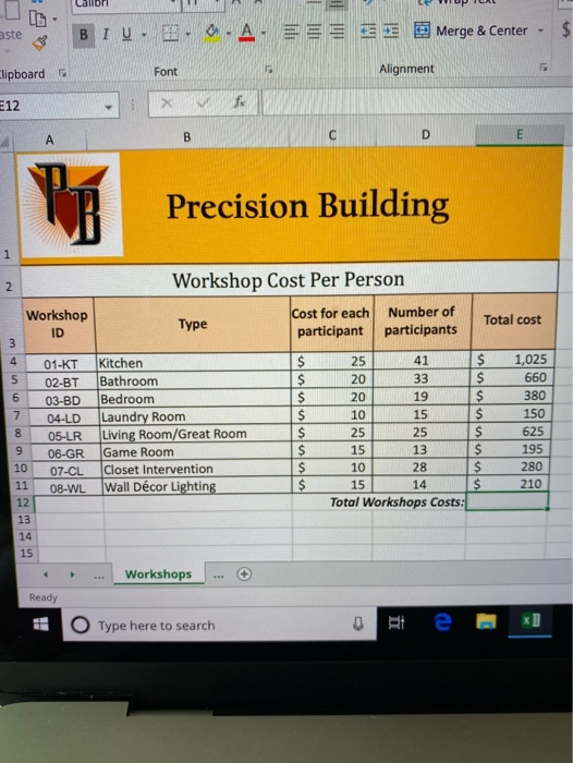 in cell E12, create a formula using the SUM function total the