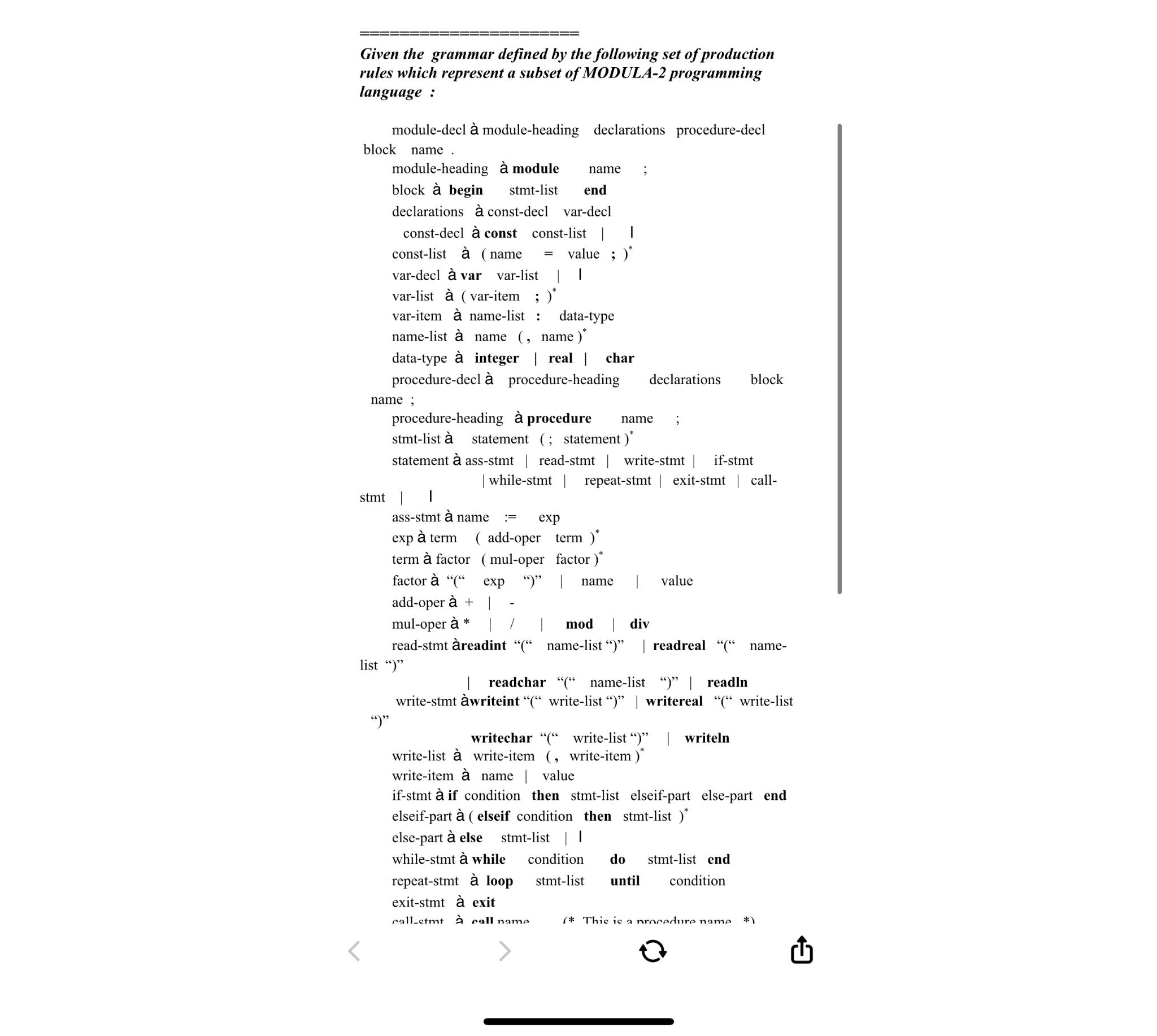  ===================== Given the grammar defined by the following set of production