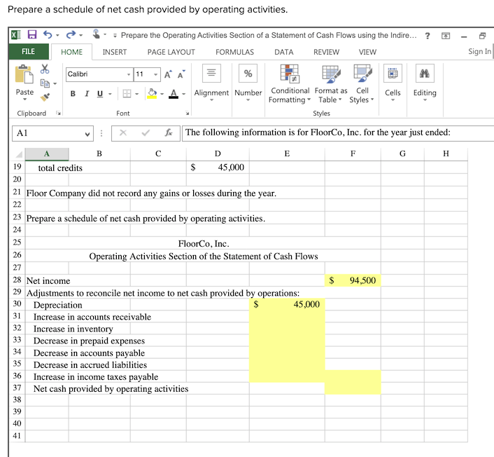a schedule of net cash provided by operating activities. XIA Prepare the