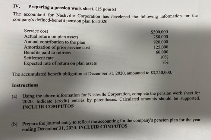  IV. Preparing a pension work sheet. (15 points) The accountant for