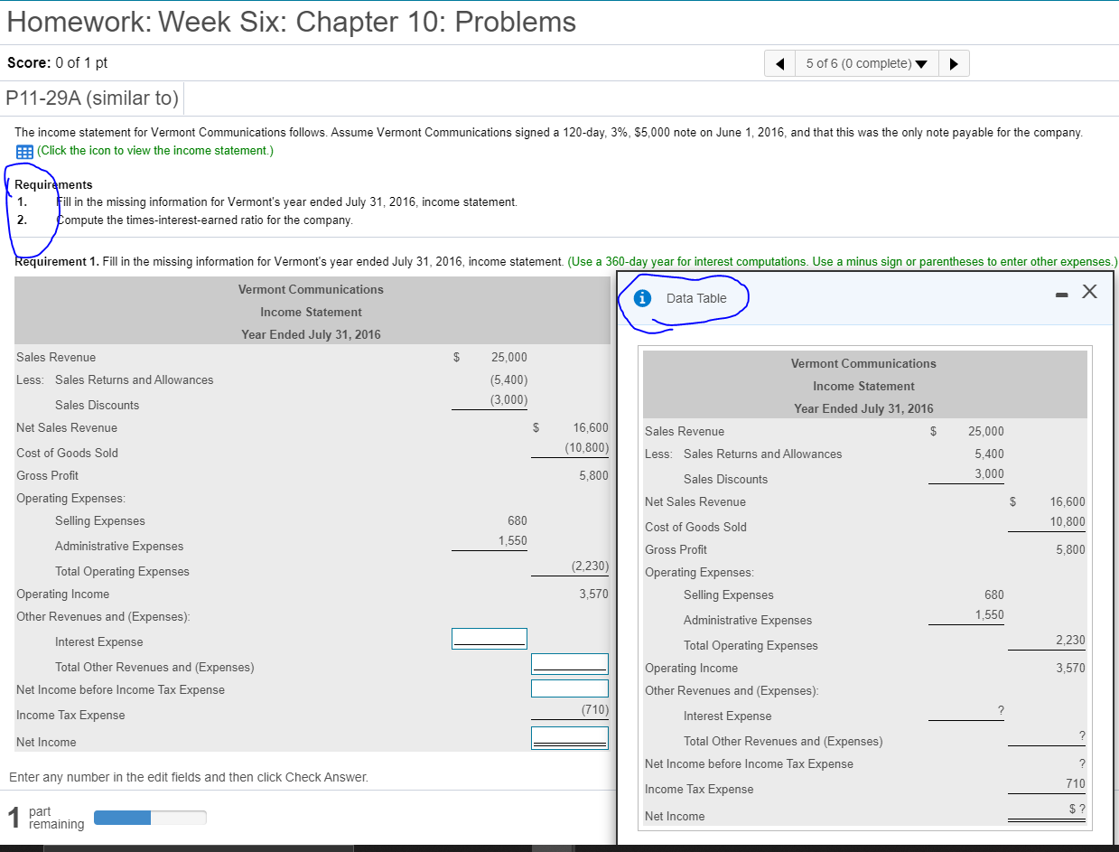 Homework: Week Six: Chapter 10: Problems Score: 0 of 1 pt