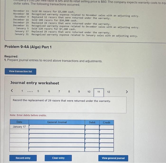 120 razors for $7,200 cash. January 17 Replaced 29 razors that were