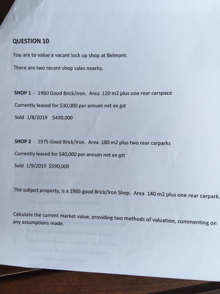 QUESTION 10 You are to value a vacant lock up shop