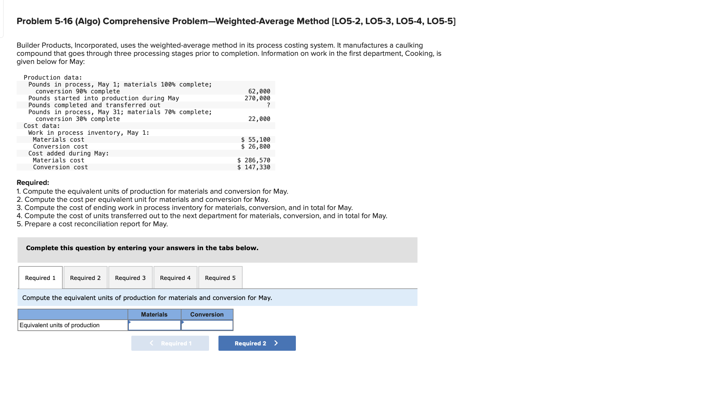 Problem 5-16(Algo) Comprehensive Problem-Weighted-Average Method [L05-2, LO5-3, LO5-4, LO5-5] Builder Products,