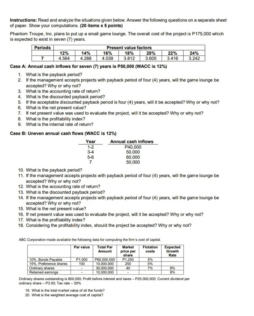Instructions: Read and analyze the situations given below. Answer the following
