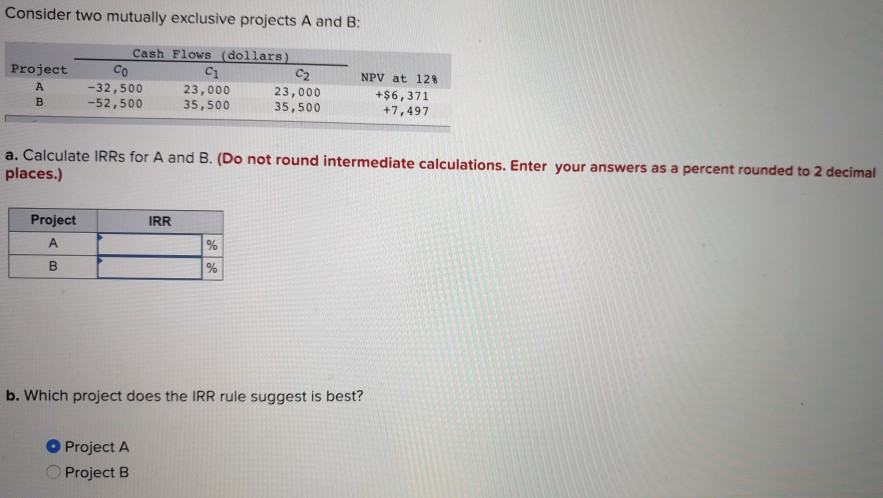  Consider two mutually exclusive projects A and B: Project A B