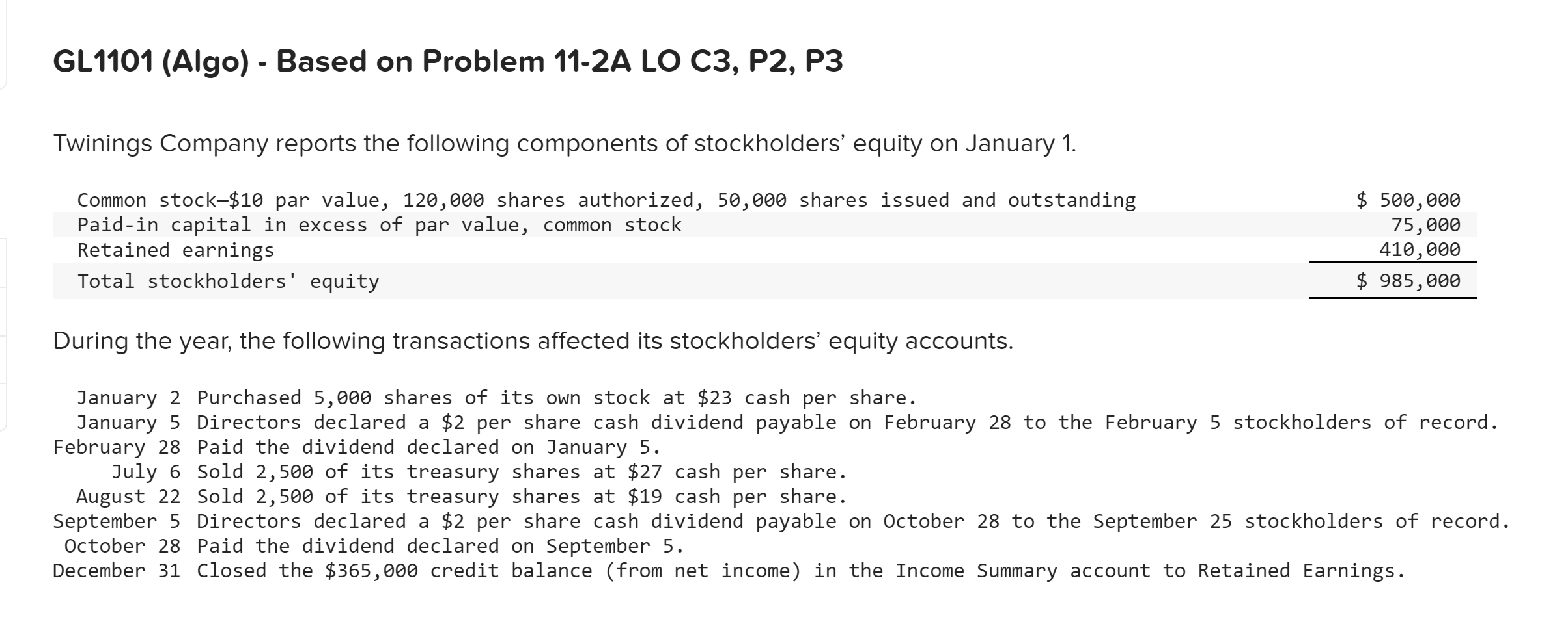 GL1101 (Algo) - Based on Problem 11-2A LO C3, P2, P3