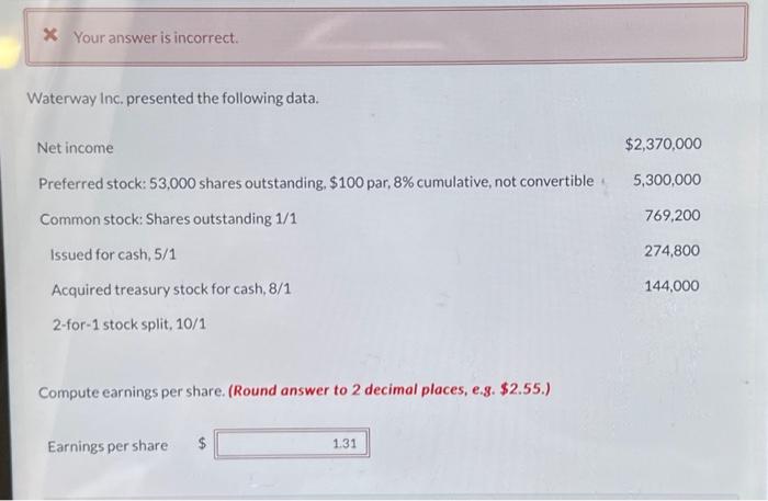  Waterway Inc. presented the following data