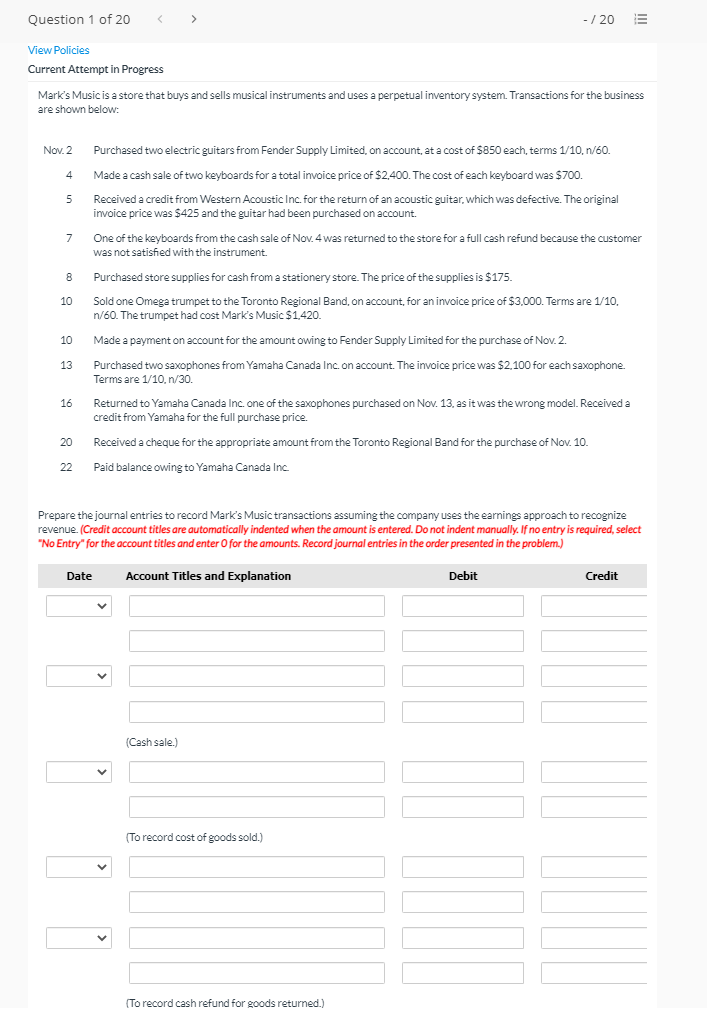 Hello,can you please help me,Thanks Question 1 of 20 > - /20