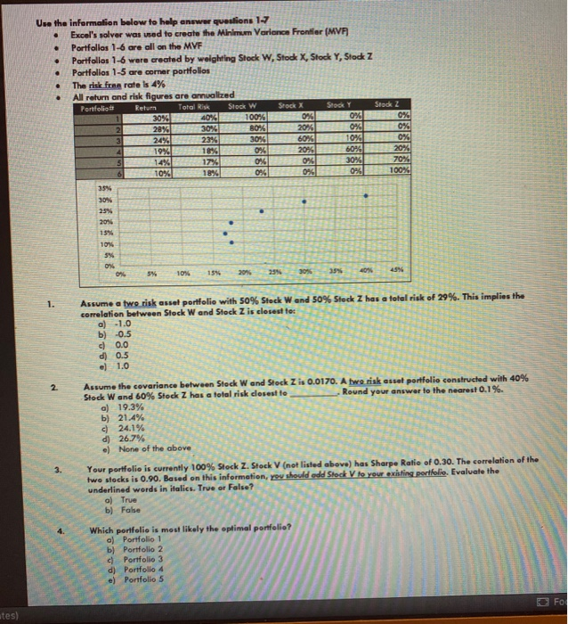  Use the information below to help answer questions 1-7 Excel's solver