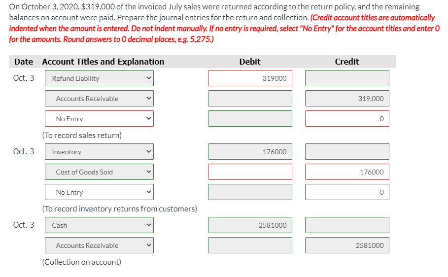 answers. Accounts available are: Inventory, No Entry, Cash, Accounts Payable, Sales Revenue,
