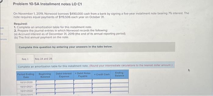 please help me Problem 10-5A Installment notes LO C1 On November 1,