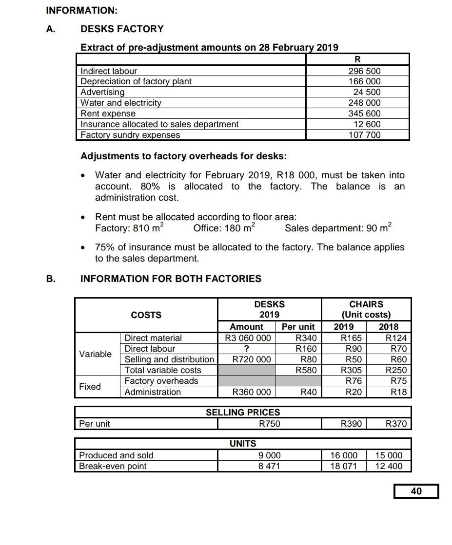 QUESTION 1: MANUFACTURING (40 marks; 20 minutes) Sihle Sangweni owns two separate