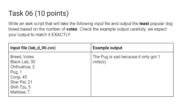  Task 07(40 points) Write an awk script that will take the