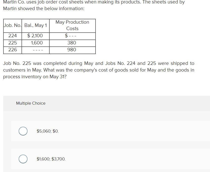 Martin Co. uses job order cost sheets when making its products.