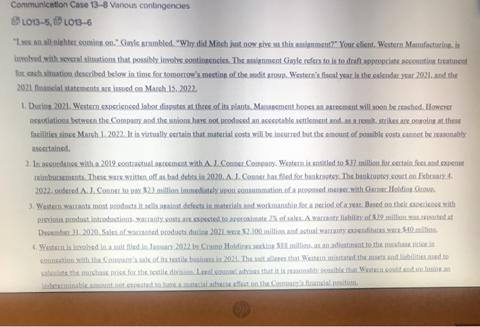 The assignment Gayle refers to is to draft appropriate accounting treatment for