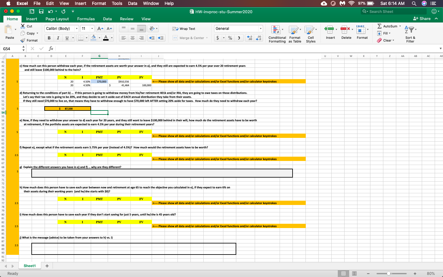back on. We need to answer the E), F), H), I). That