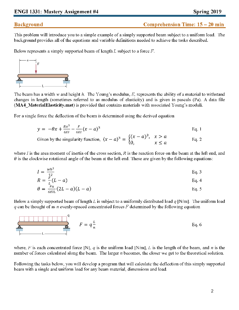 equations and the plotting ENGI 1331: Mastery Assignment #4 Background lhis problem