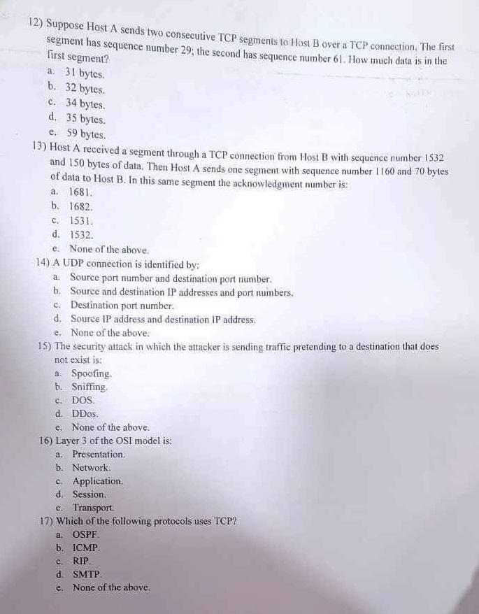  Suppose Host A sends two consecutive TCP segments to Host B