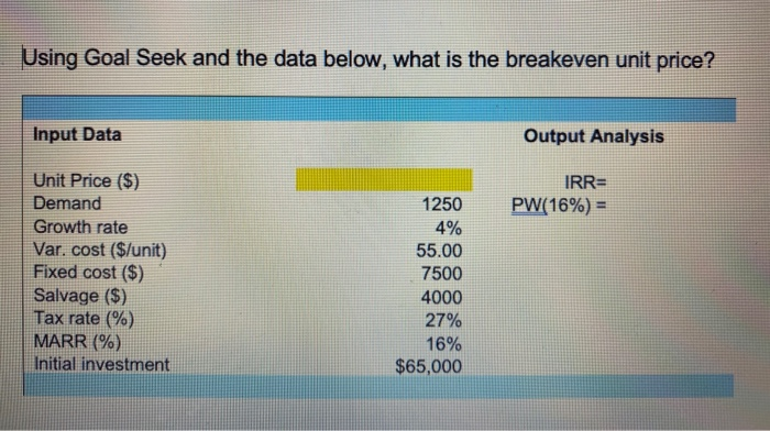  Using Goal Seek and the data below, what is the breakeven