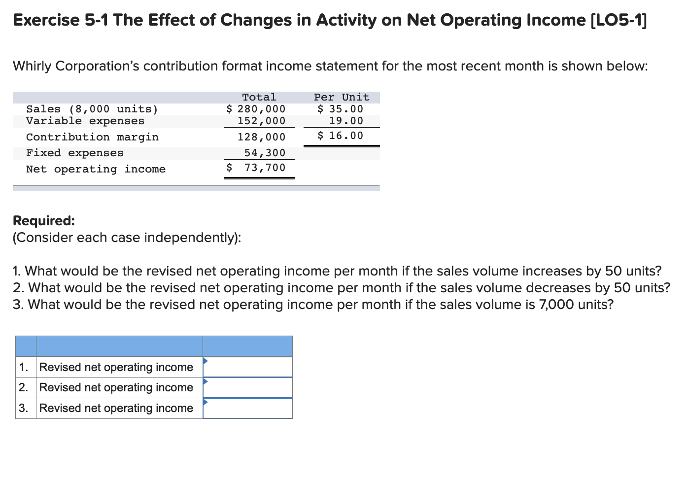  Exercise 5-1 The Effect of Changes in Activity on Net Operating