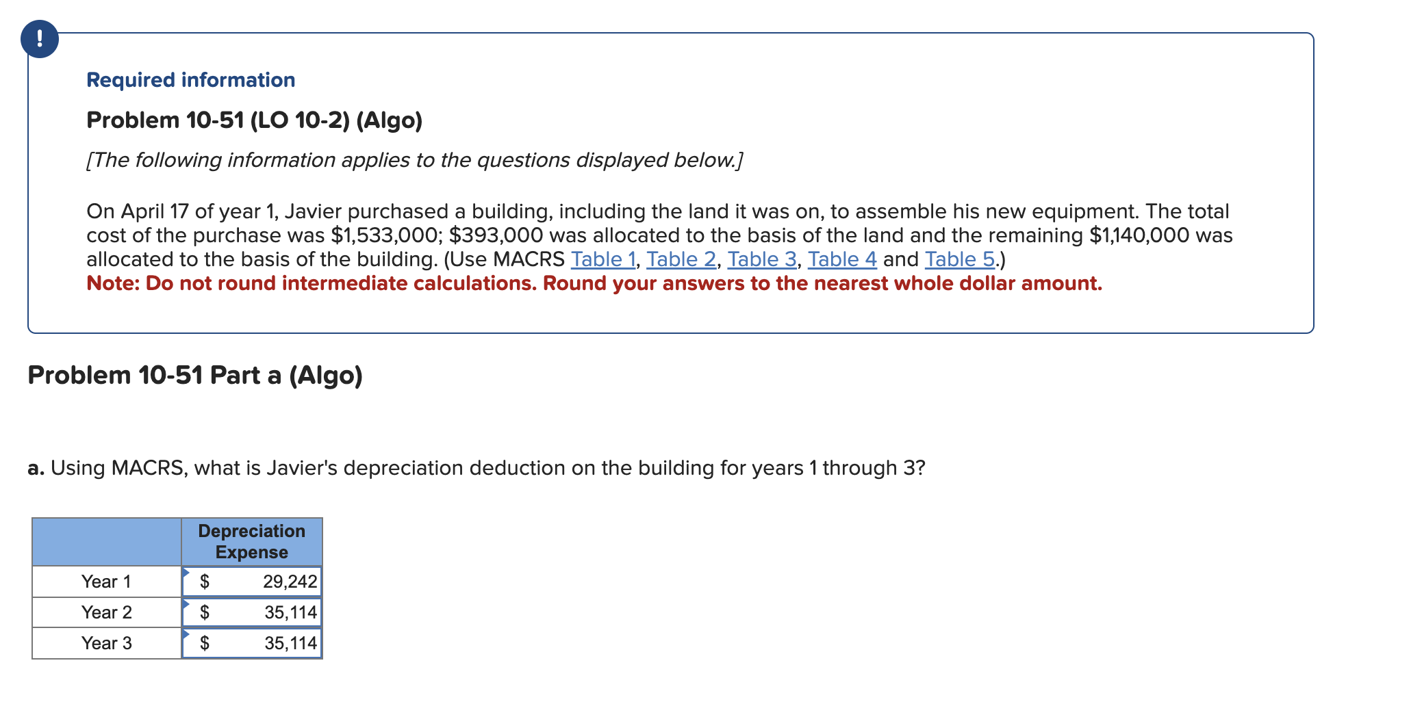  ! Required information Problem 10-51(LO 10-2)(Algo) [The following information applies to