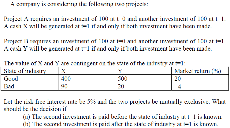 A company is considering the following two projects: Project A requires