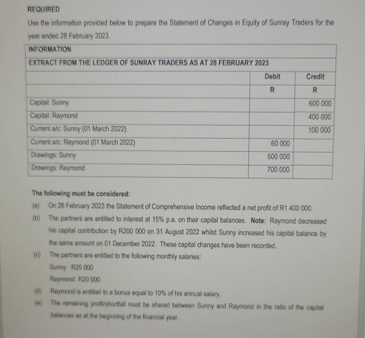 REQUIRED Use the information provided below to prepare the Statement of