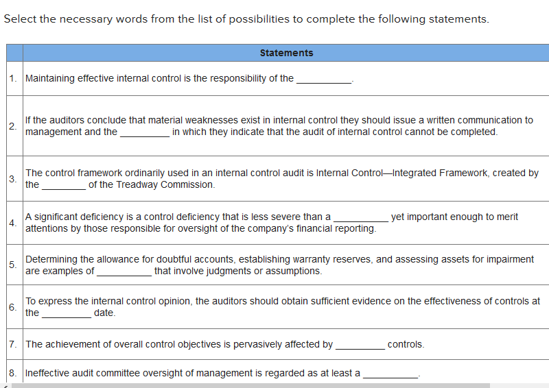 same 10 options for each question Select the necessary words from the