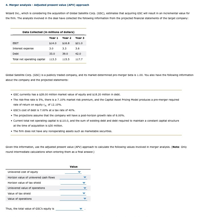  Merger analysis - Adjusted present value (APV) approach WIzard Inc., which