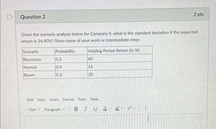  D 2 pts Question 2 Given the scenario analysis below for