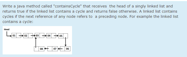  Write a java method called "containsCycle" that receives the head of