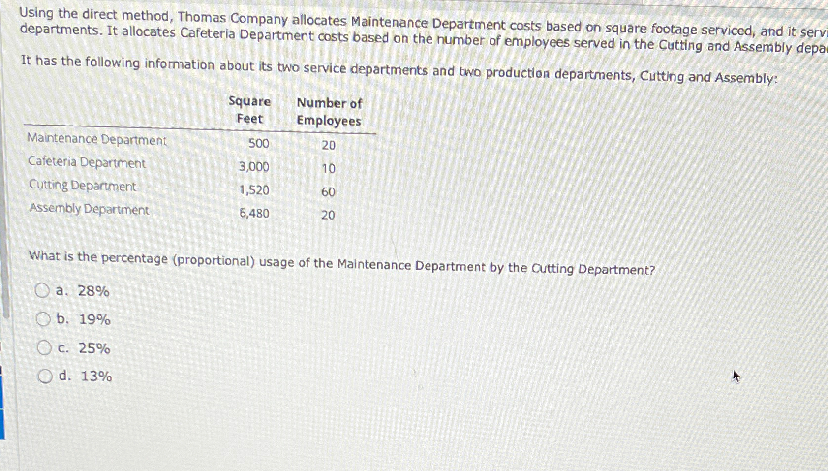 Using the direct method, Thomas Company allocates Maintenance Department costs based
